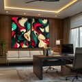 Par de telas abstratas com formas fluidas em preto, vermelho, verde-petróleo e creme, quadro decorativo