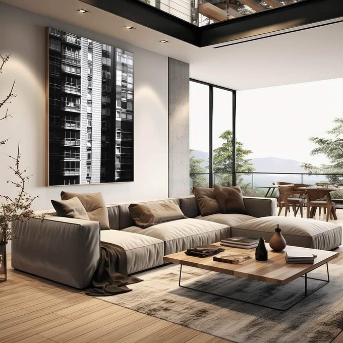 Quadro Decorativo Minimalista em Preto e Branco com Fachada Urbana - quadros decorativos para sala 1 Tela Vertical, 3 Telas - em quarto contemporaneo