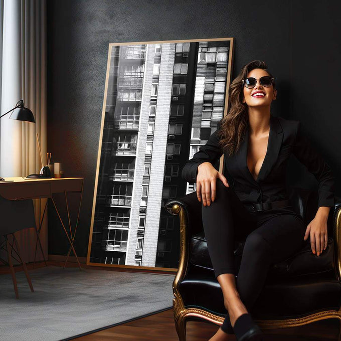 Quadro Decorativo Minimalista em Preto e Branco com Fachada Urbana - quadros decorativos para sala 1 Tela Vertical, 3 Telas - em living room premium