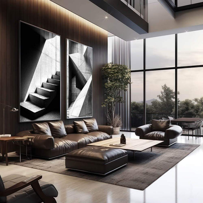 Quadro Decorativo com Escadaria Minimalista em Preto e Branco - quadros decorativos 2 Telas, abstrato - em sala moderna
