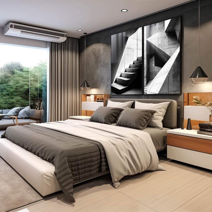 Quadro Decorativo com Escadaria Minimalista em Preto e Branco - quadros decorativos 2 Telas, abstrato - em escritorio elegante