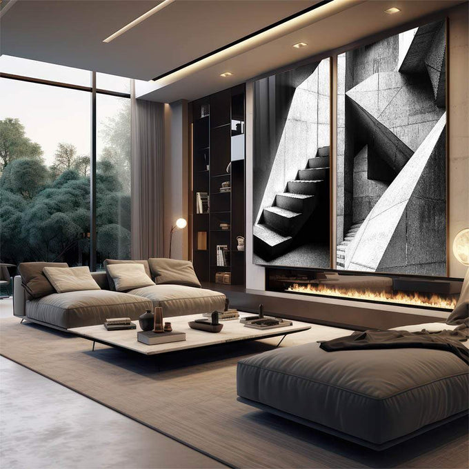 Quadro Decorativo com Escadaria Minimalista em Preto e Branco - quadros decorativos para sala 2 Telas, abstrato - em living room premium