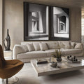 Quadro Decorativo Estruturas em Espiral com Design Contemporâneo - quadros decorativos para sala 2 Telas, abstrato arquitetônico - em ambiente decorado
