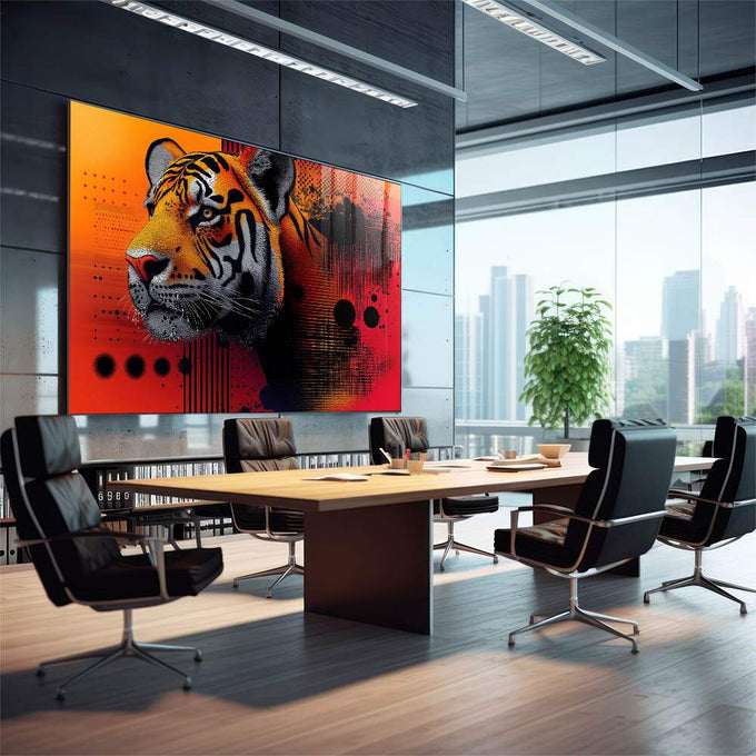 Quadro Decorativo Tigre em Arte Digital Abstrata - quadros decorativos 1 Tela, 1 Tela Horizontal - em sala moderna