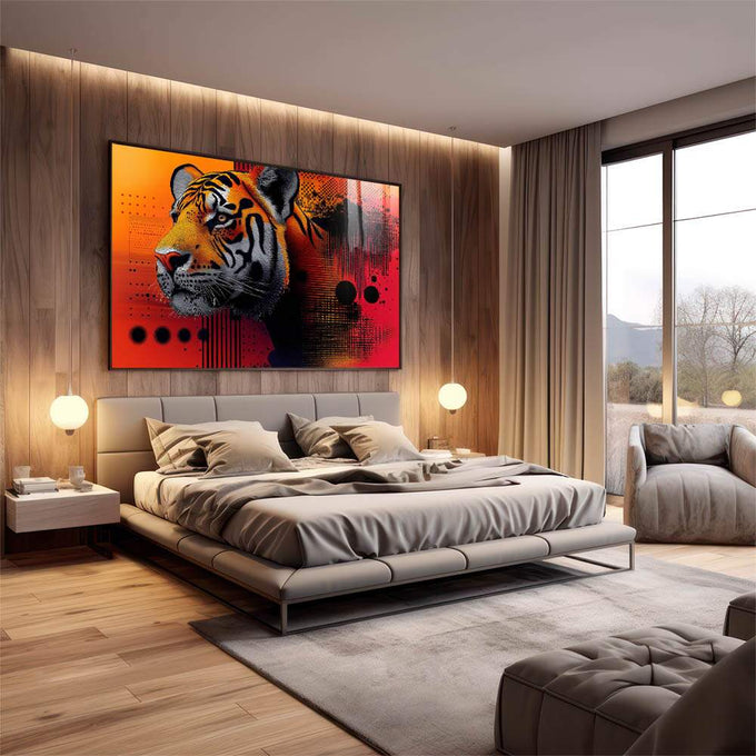 Quadro Decorativo Tigre em Arte Digital Abstrata - quadros decorativos para sala 1 Tela, 1 Tela Horizontal - em quarto contemporaneo