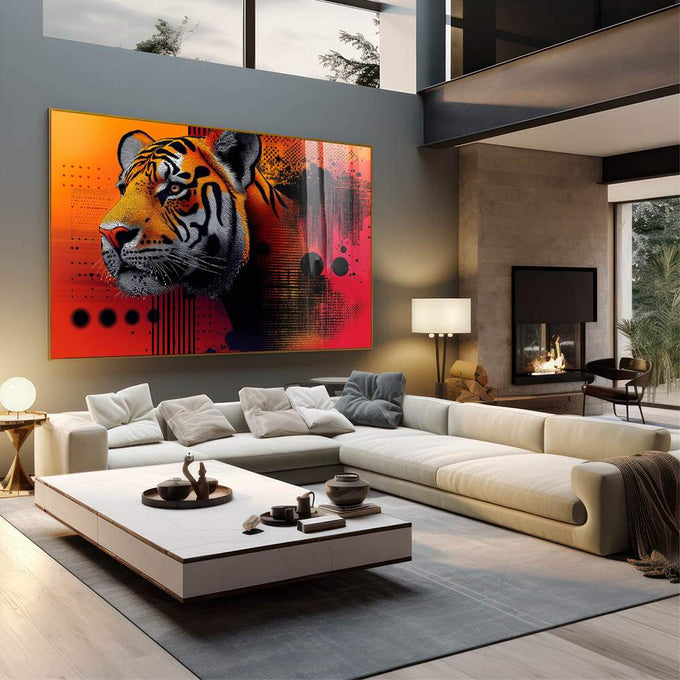Quadro Decorativo Tigre em Arte Digital Abstrata - quadros decorativos para sala 1 Tela, 1 Tela Horizontal - em living room premium