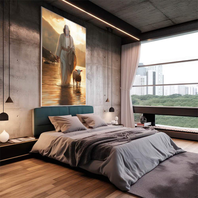 Quadro Decorativo Jesus e o Cordeiro ao Entardecer - quadros decorativos 1 Tela Vertical, 3 Telas - em sala moderna