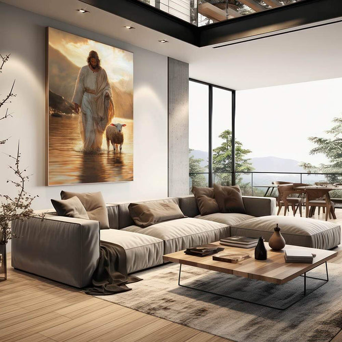 Quadro Decorativo Jesus e o Cordeiro ao Entardecer - quadros decorativos para sala 1 Tela Vertical, 3 Telas - em quarto contemporaneo
