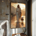 Quadro Decorativo Jesus e o Cordeiro ao Entardecer - quadros decorativos para sala 1 Tela Vertical, 3 Telas - em ambiente decorado
