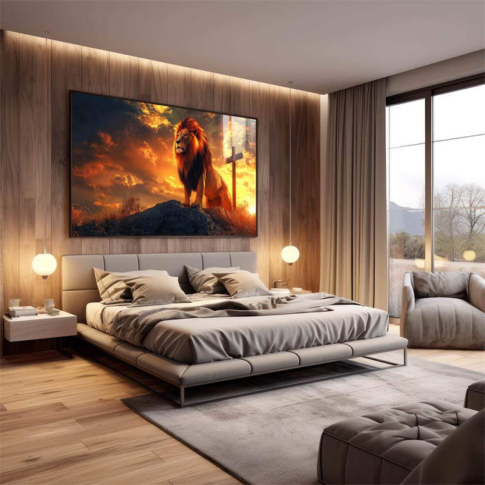 Quadro Decorativo Leão Majestoso e Cruz ao Nascer do Sol - quadros decorativos 1 Tela, 1 Tela Horizontal - em escritorio elegante