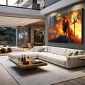 Quadro Decorativo Leão Majestoso e Cruz ao Nascer do Sol - quadros decorativos para sala 1 Tela, 1 Tela Horizontal - em living room premium