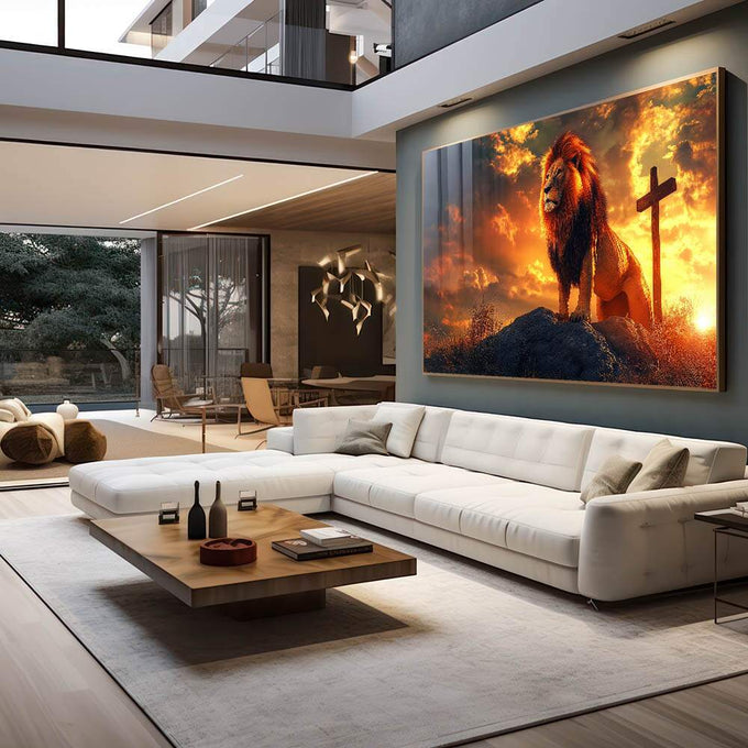 Quadro Decorativo Leão Majestoso e Cruz ao Nascer do Sol - quadros decorativos para sala 1 Tela, 1 Tela Horizontal - em living room premium