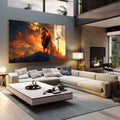 Quadro Decorativo Leão Majestoso e Cruz ao Nascer do Sol - quadros decorativos 1 Tela, 1 Tela Horizontal - em sala moderna