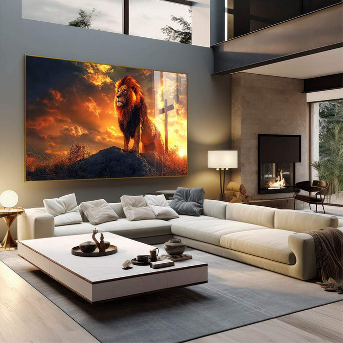 Quadro Decorativo Leão Majestoso e Cruz ao Nascer do Sol - quadros decorativos 1 Tela, 1 Tela Horizontal - em sala moderna