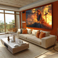 Quadro Decorativo Leão Majestoso e Cruz ao Nascer do Sol - quadros decorativos para sala 1 Tela, 1 Tela Horizontal - em ambiente decorado