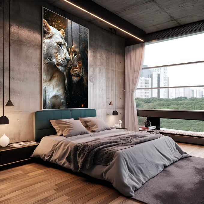 Quadro Decorativo Casal de Leões Força e Pureza em Harmonia - quadros decorativos 1 Tela Vertical, 3 Telas - em sala moderna