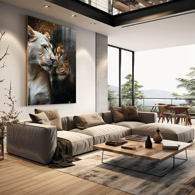 Quadro Decorativo Casal de Leões Força e Pureza em Harmonia - quadros decorativos para sala 1 Tela Vertical, 3 Telas - em quarto contemporaneo