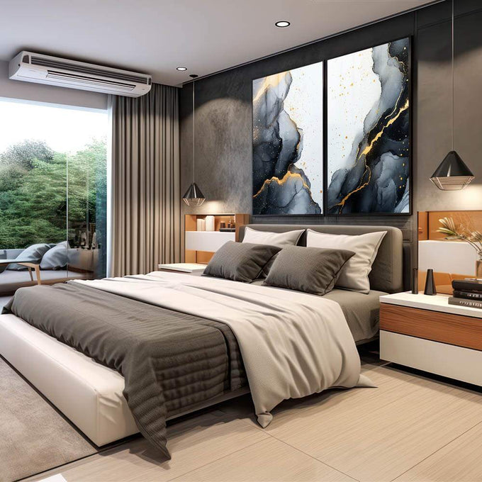 Quadro Decorativo Abstração Orgânica em Preto, Branco e Dourado - quadros decorativos para sala 2 Telas, abstrato - em quarto contemporaneo