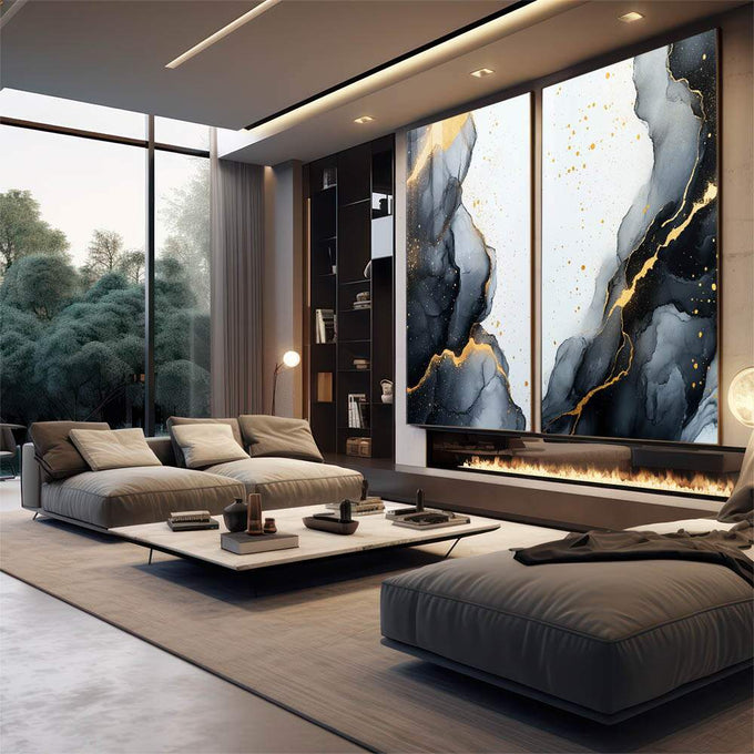 Quadro Decorativo Abstração Orgânica em Preto, Branco e Dourado - quadros decorativos 2 Telas, abstrato - em escritorio elegante
