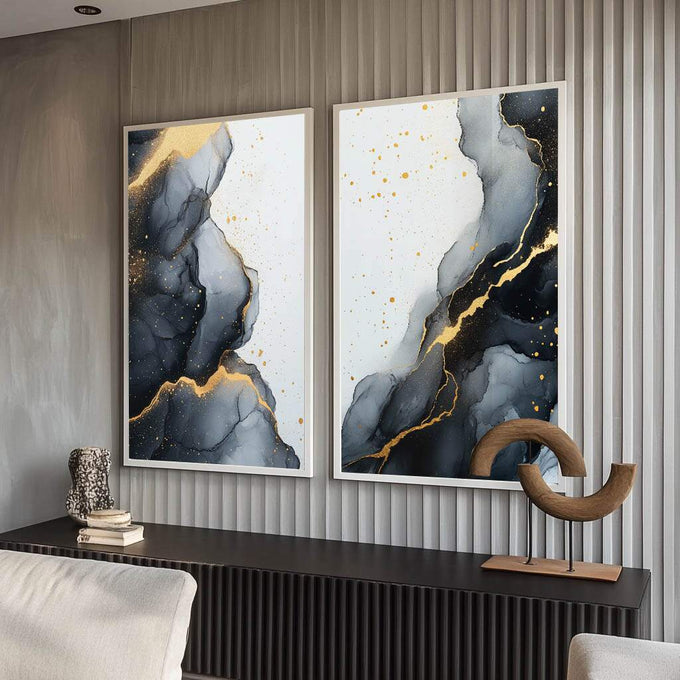 Quadro Decorativo Abstração Orgânica em Preto, Branco e Dourado - quadros decorativos para sala 2 Telas, abstrato - em ambiente decorado