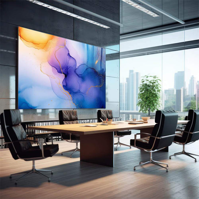 Quadro Decorativo Harmonia Abstrata em Azul, Roxo e Dourado - quadros decorativos para sala 1 Tela, 1 Tela Horizontal - em quarto contemporaneo