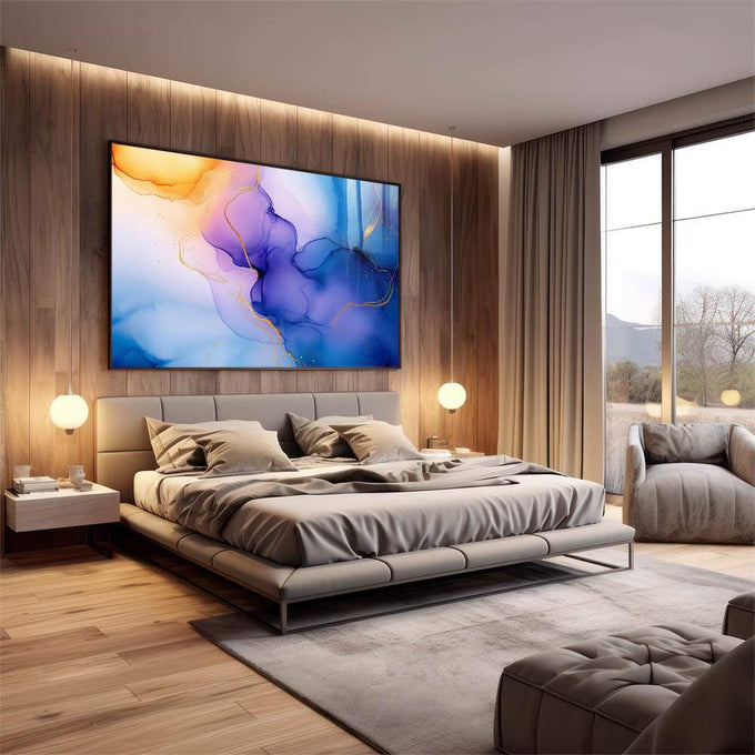 Quadro Decorativo Harmonia Abstrata em Azul, Roxo e Dourado - quadros decorativos 1 Tela, 1 Tela Horizontal - em escritorio elegante