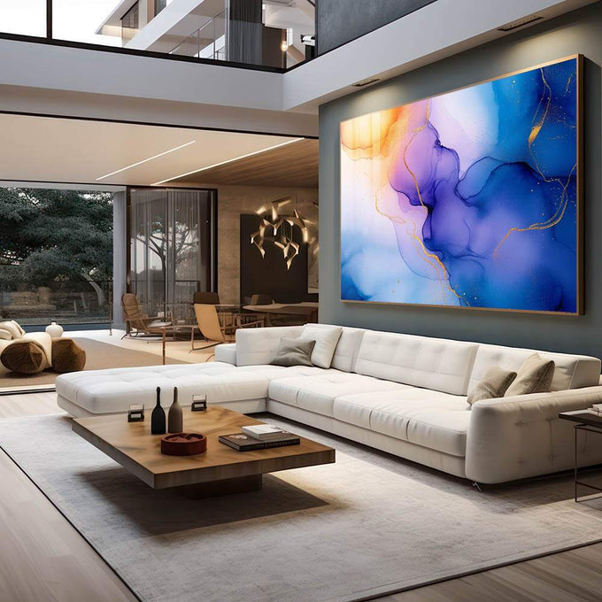 Quadro Decorativo Harmonia Abstrata em Azul, Roxo e Dourado - quadros decorativos para sala 1 Tela, 1 Tela Horizontal - em living room premium