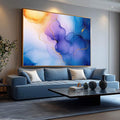 Quadro Decorativo Harmonia Abstrata em Azul, Roxo e Dourado - quadros decorativos para sala 1 Tela, 1 Tela Horizontal - em ambiente decorado