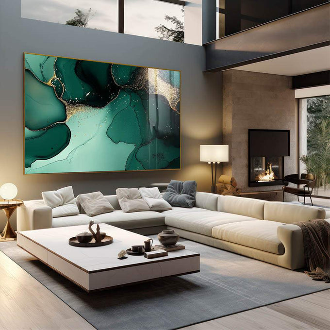 Quadro Decorativo Abstração Elegante em Verde e Dourado - quadros decorativos 1 Tela, 1 Tela Horizontal - em sala moderna