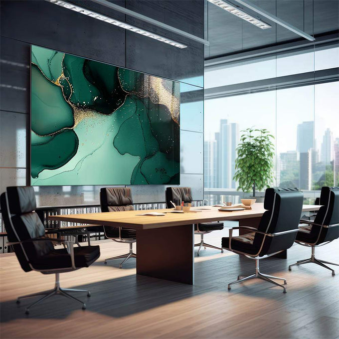 Quadro Decorativo Abstração Elegante em Verde e Dourado - quadros decorativos para sala 1 Tela, 1 Tela Horizontal - em quarto contemporaneo