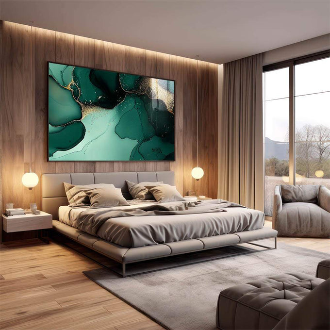 Quadro Decorativo Abstração Elegante em Verde e Dourado - quadros decorativos 1 Tela, 1 Tela Horizontal - em escritorio elegante