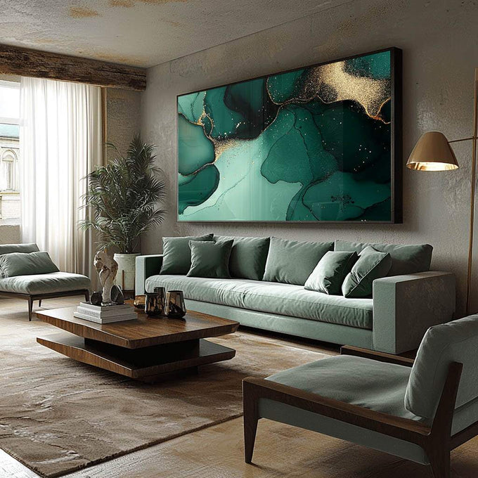 Quadro Decorativo Abstração Elegante em Verde e Dourado - quadros decorativos para sala 1 Tela, 1 Tela Horizontal - em ambiente decorado