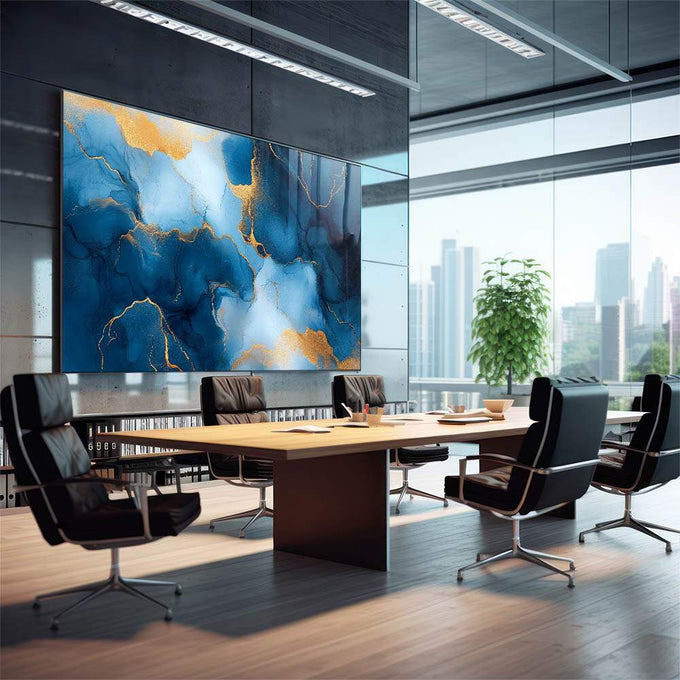 Quadro Decorativo Abstração Sofisticada em Azul e Dourado - quadros decorativos para sala 1 Tela, 1 Tela Horizontal - em quarto contemporaneo