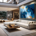 Quadro Decorativo Abstração Sofisticada em Azul e Dourado - quadros decorativos para sala 1 Tela, 1 Tela Horizontal - em living room premium