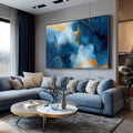 Quadro Decorativo Abstração Sofisticada em Azul e Dourado - quadros decorativos para sala 1 Tela, 1 Tela Horizontal - em ambiente decorado