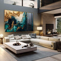Quadro Decorativo Abstração Fluida em Verde, Preto e Dourado - quadros decorativos 1 Tela, 1 Tela Horizontal - em sala moderna