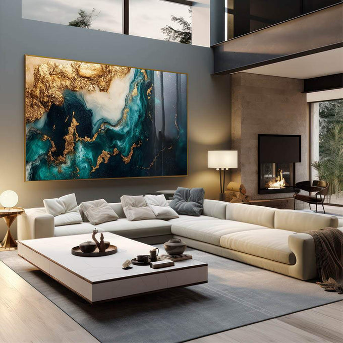 Quadro Decorativo Abstração Fluida em Verde, Preto e Dourado - quadros decorativos 1 Tela, 1 Tela Horizontal - em sala moderna