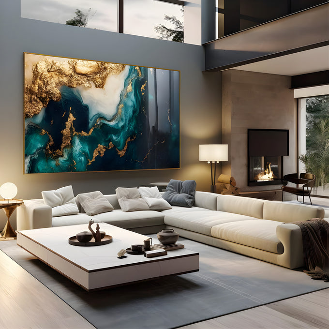 Abstrato fluido azul petróleo com textura folha de ouro e veios brancos efeito mármore, quadro decorativo