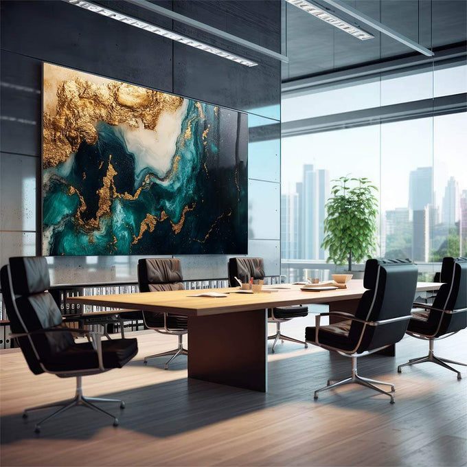Quadro Decorativo Abstração Fluida em Verde, Preto e Dourado - quadros decorativos para sala 1 Tela, 1 Tela Horizontal - em quarto contemporaneo