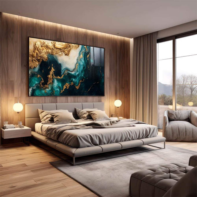 Quadro Decorativo Abstração Fluida em Verde, Preto e Dourado - quadros decorativos 1 Tela, 1 Tela Horizontal - em escritorio elegante