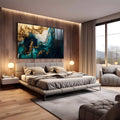 Abstrato fluido azul petróleo com textura folha de ouro e veios brancos efeito mármore, quadro decorativo