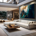 Abstrato fluido azul petróleo com textura folha de ouro e veios brancos efeito mármore, quadro decorativo