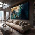 Quadro Decorativo Abstração Fluida em Verde, Preto e Dourado - quadros decorativos para sala 1 Tela, 1 Tela Horizontal - em ambiente decorado