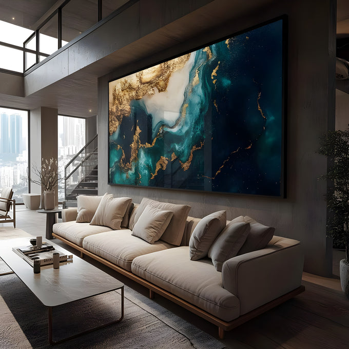 Abstrato fluido azul petróleo com textura folha de ouro e veios brancos efeito mármore, quadro decorativo
