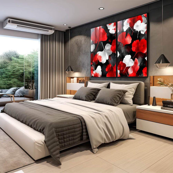Quadro Decorativo Elegância Botânica em Vermelho e Branco - quadros decorativos para sala 2 Telas, abstrato floral - em living room premium