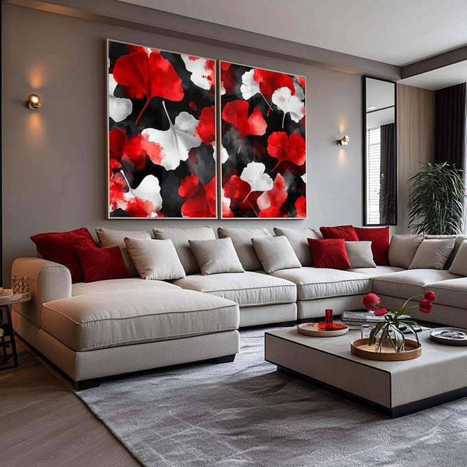 Quadro Decorativo Elegância Botânica em Vermelho e Branco - quadros decorativos para sala 2 Telas, abstrato floral - em ambiente decorado