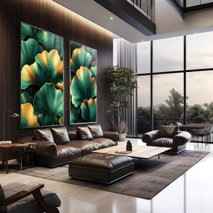 Quadro Decorativo Folhas de Ginkgo em Verde e Dourado - quadros decorativos 2 Telas, arte floral - em sala moderna