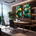 Quadro Decorativo Folhas de Ginkgo em Verde e Dourado - quadros decorativos para sala 2 Telas, arte floral - em quarto contemporaneo