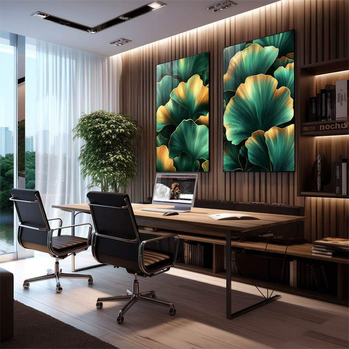 Quadro Decorativo Folhas de Ginkgo em Verde e Dourado - quadros decorativos para sala 2 Telas, arte floral - em quarto contemporaneo