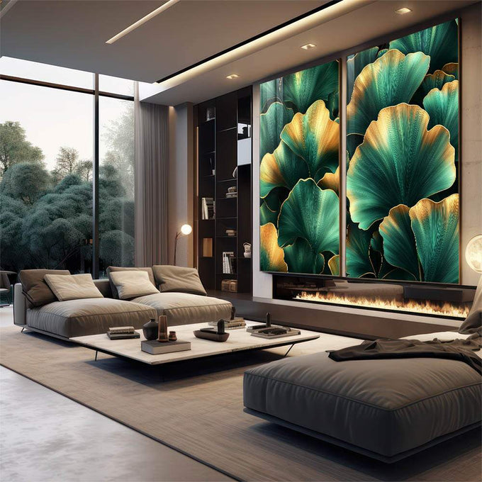 Quadro Decorativo Folhas de Ginkgo em Verde e Dourado - quadros decorativos para sala 2 Telas, arte floral - em living room premium